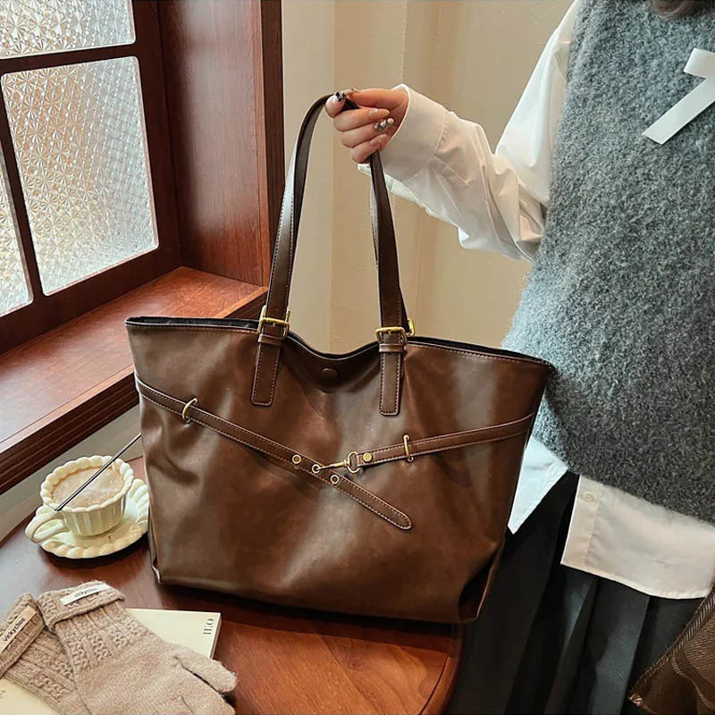 Tote Bag Designer Retro PU Leather Shoulder Handbag For Women Winter Trend Y2K Fashion Handbags Females Travel Luxury Tote Bags