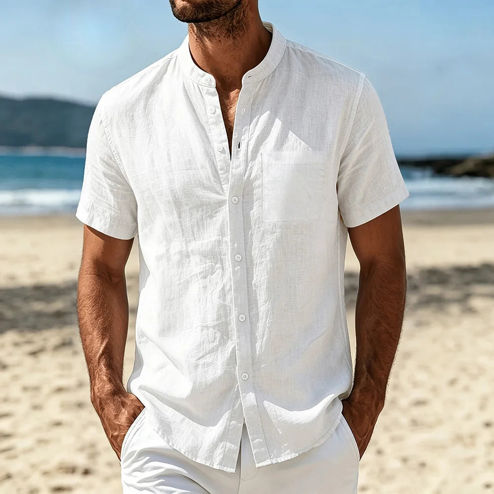 Men's Cotton Linen Shirt Summer Lightweight Breathable Short Sleeve Henley Neck Casual Shirts Male Vacation Beach Style Tops