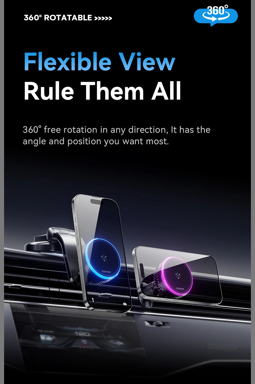 Essager Cooling Magnetic Car Wireless Charger 15W Fast Charging Station For Magsafe iPhone 16 Huawei 360° Roation Phone Holder