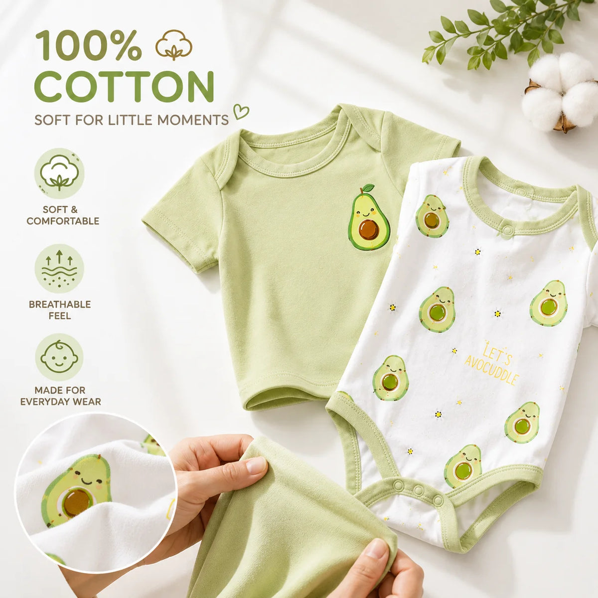 8Pcs Newborn Baby Clothes Set 100% Cotton Avocado Print Bodysuit Romper Cardigan Pants Bib Hat Mittens Infant Outfit 0-6M