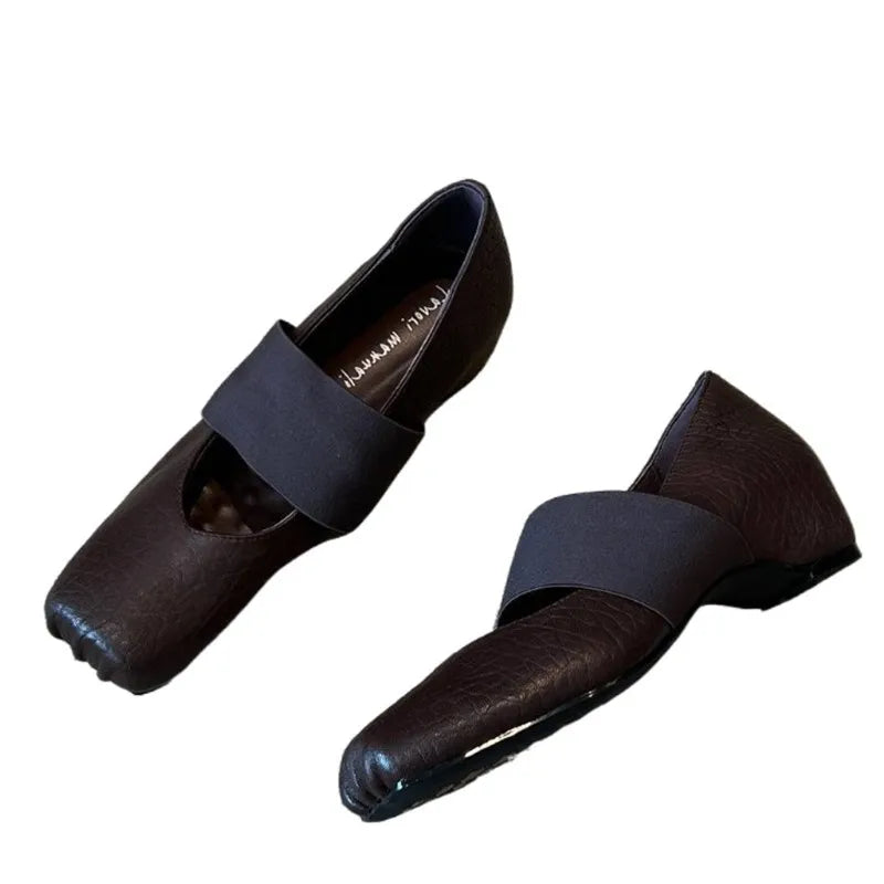 Luxury Shoes Women2026 New Leather Square Toe Elastic Band Mary Jane Women's Shallow Toe Flat Single Shoe Shoes for Women