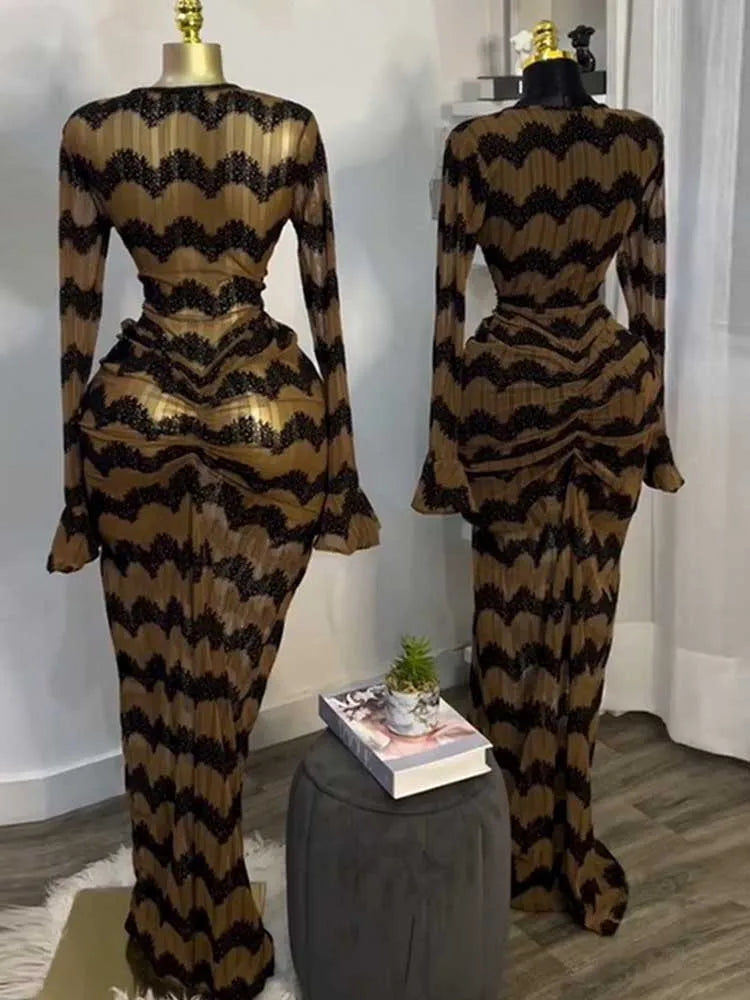 Long Sleeve Maxi Dress Chic for Women High Waist Evening Dress with Drape Sexy Brown Bandage Dress Wholesale Dropshipping