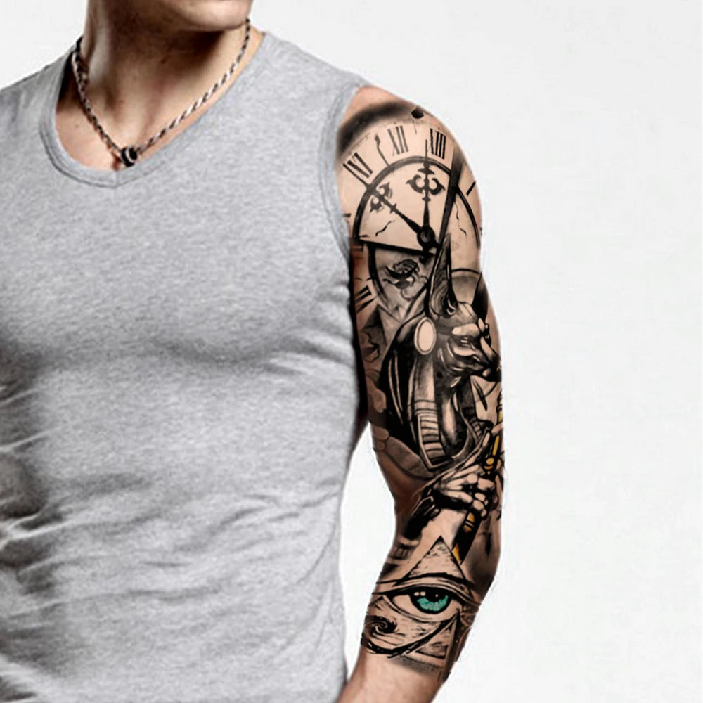 Large Full Arm Sleeve Waterproof Temporary Tattoo Sticker Mechanical Egyptian Dog Eye Clock Fake Tatoo Body Art Tatto Men Women