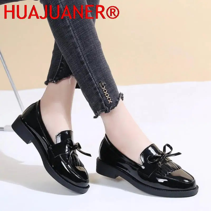 Black Patent Leather Women's Loafers Platform Slip on Shoes for Women 2025 New Spring British Tassel Casual Flats Shoes Woman