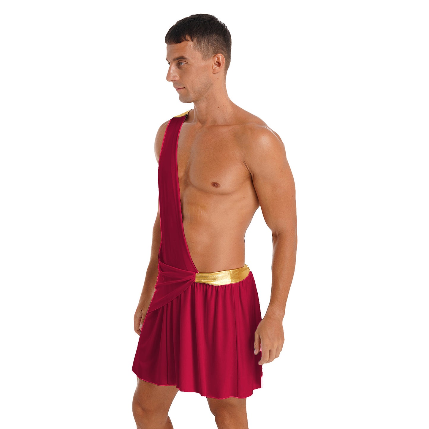Halloween Ancient Greek Warrior Cosplay Costume Mens One Shoulder Strap Contrast Color Ruffle Skirt Carnival Theme Party Wear