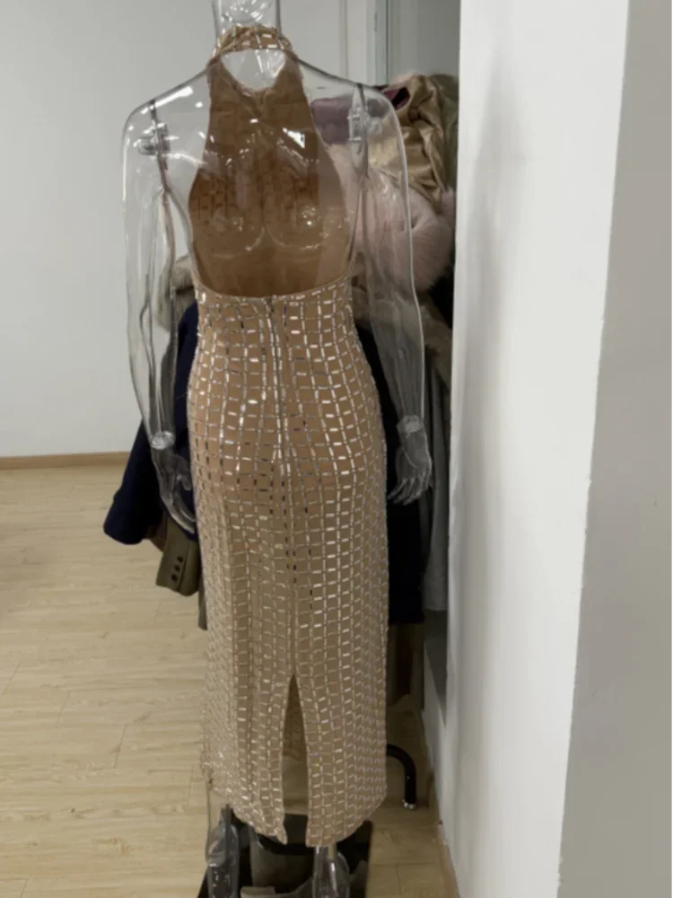 Sexy Lady Sequin Halter Maxi Dress Sleeveless O Neck Backless Party Long Robe 2026 Spring New Luxury Evening Dresses