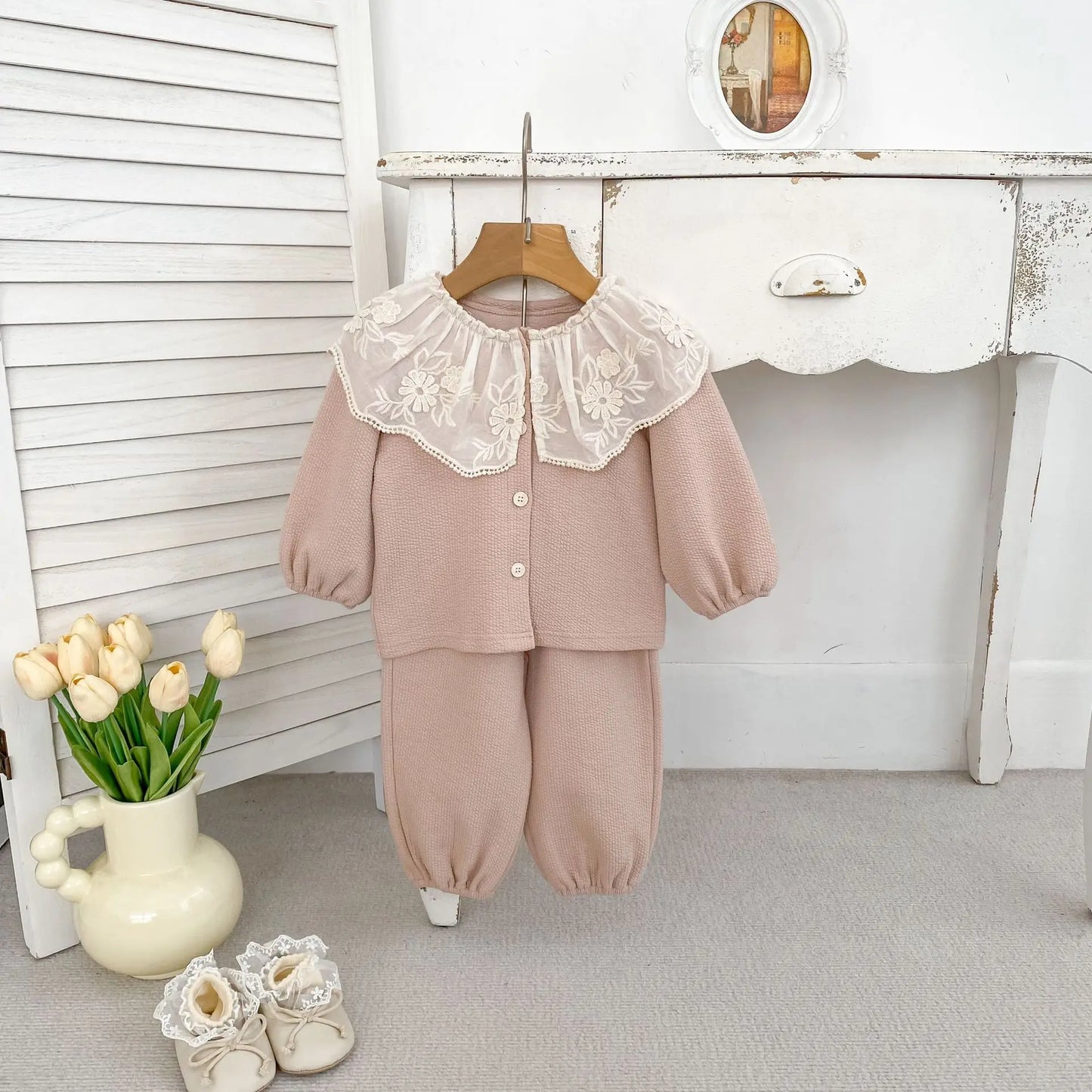 Baby Clothing Set 2025 Autumn Spring New Girls' Long Sleeve Suit Cotton Lace Collar Cardigan +Pant Two-piece Suit