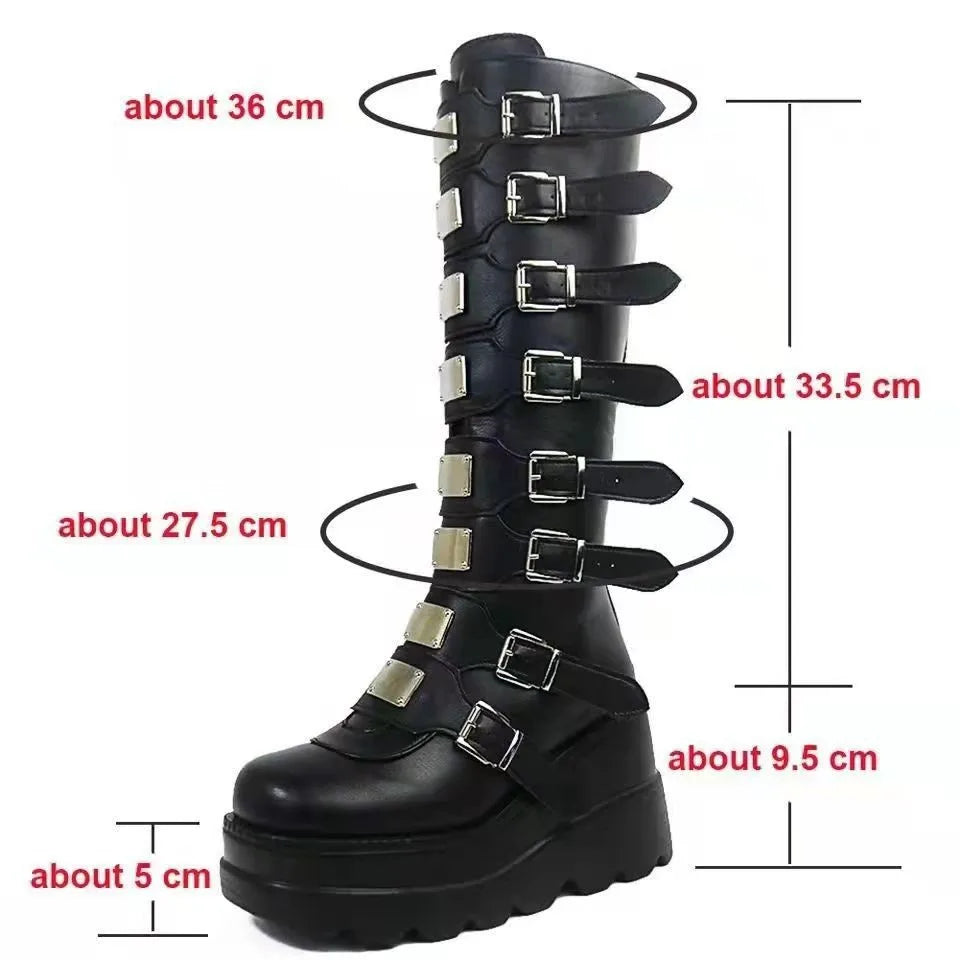 Flat Platform Zipper Women's Rubber Shoes Women Round Toe Knee High Boots Punk Motorcycles Boots Cosplay Cool Girls