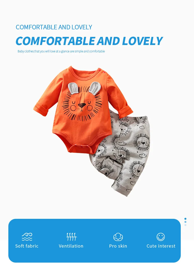 0-18 Months Baby Pure Cotton Set Long Sleeved Clothes And Pants Spring And Autumn Clothing Cute Lion Print Clothes For Babies