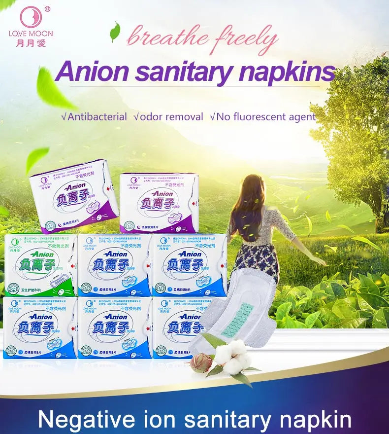 3packs/lots LOVE MOON Anion Sanitary towel Feminine Hygiene Sanitary Napkin Soft Mesh Menstrual Pads Organic Cotton for women