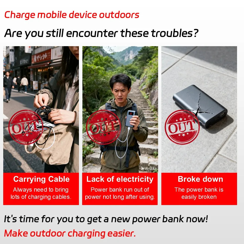 Long-lasting Solar Power Bank, Portable Solar External Battery Pack Built-in Cables, Portable Wireless Charger with Solar Panel