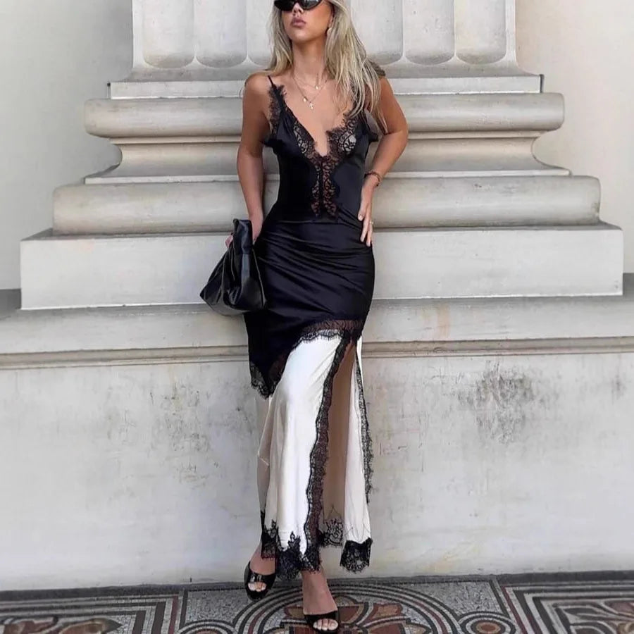 Chic Contrast Lace Embroidery Sling Dress Woman Sexy V Neck Hollow Slit Long Dress Summer New Sleeveless Irregular Evening Dress