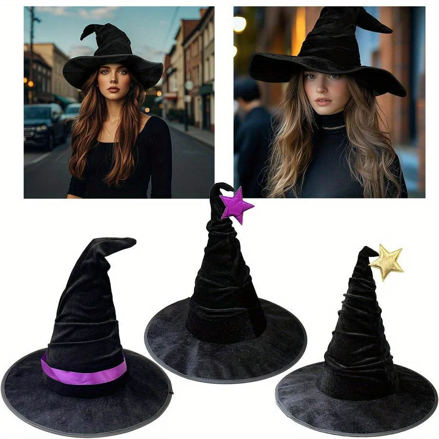 Halloween crumpled witch hat party, witch hat black velvet witch costume makeup accessories hat decorations