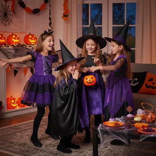 5 Styles Halloween Costume for Kids Girls Purple Bat Dress Halloween Fantasy Vampire Costume with Hat Broom Pumpkin Belt Set
