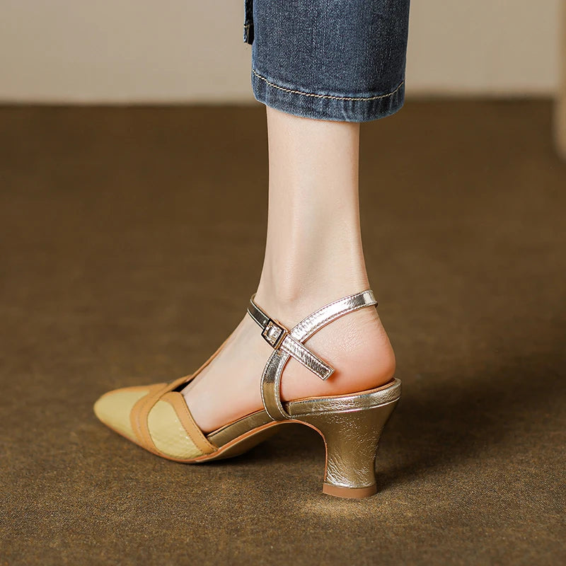 Dilalula 2025 Fashion T-Strap Genuine Leather Sandals Women Covered Toe Mixed Color Summer Dress Shoes Ladies Party French Style