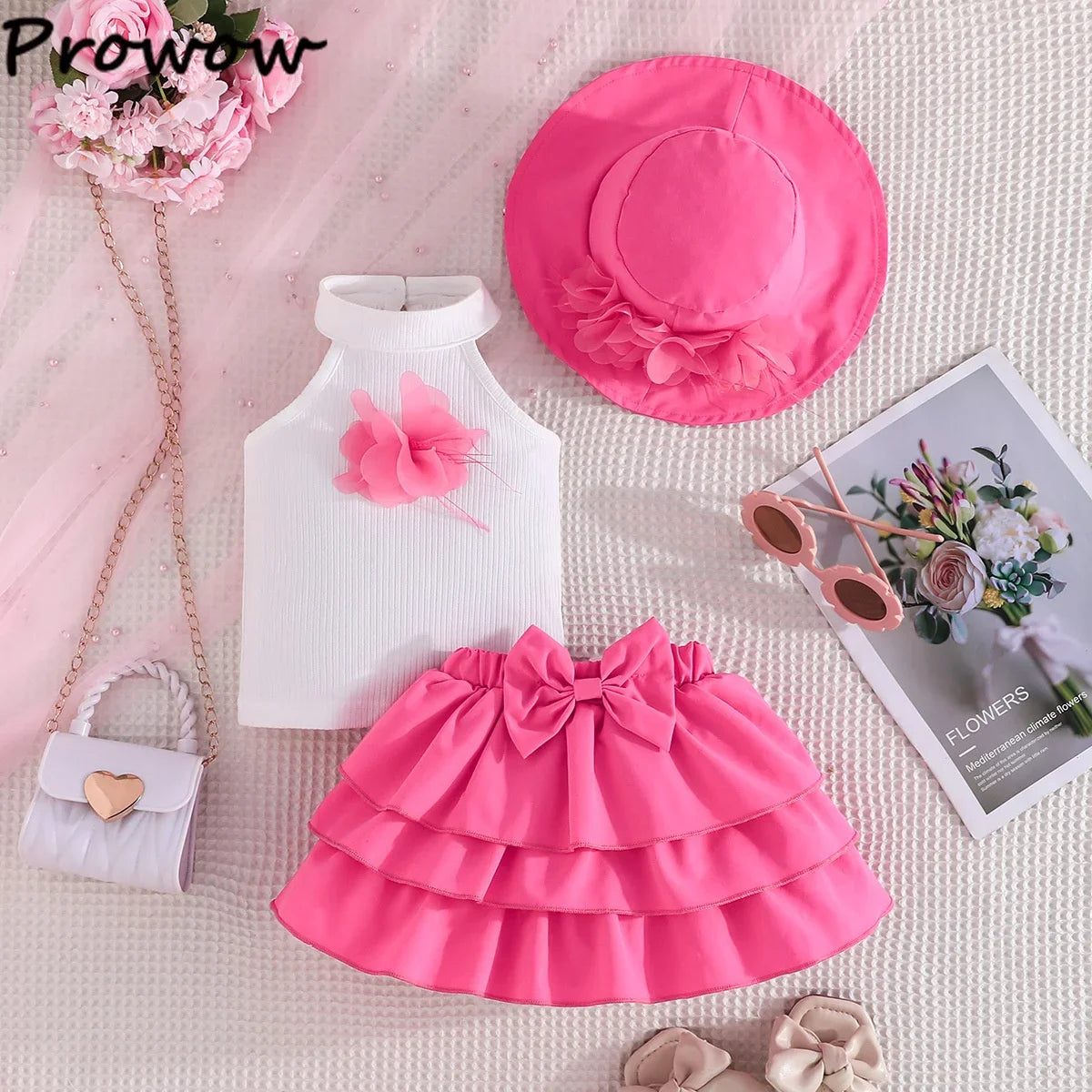Toddler Girl Outfit Sets Sleeveless Turtleneck Fixed Flower T-shirt+Layered Skirt+Sun Hat Summer 3pcs Sets For Baby Girl Clothes