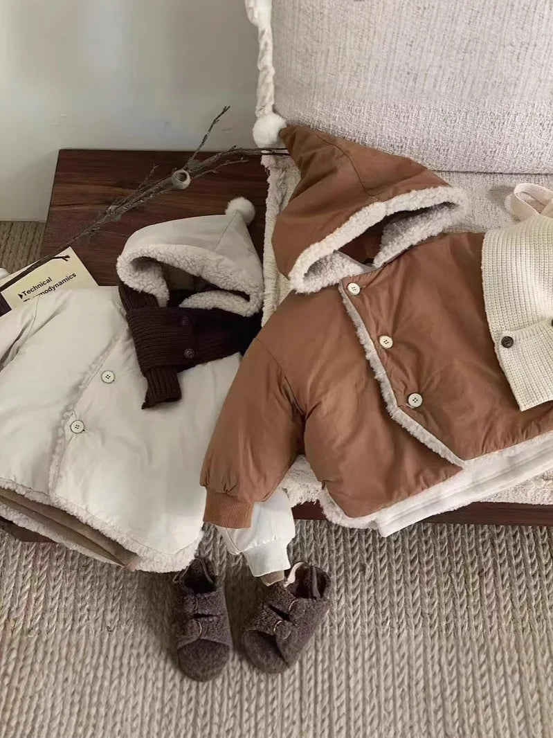 2025 Winter New Baby Warm Lamb Cashmere Hooded Coat Solid Versatile Boys Girls Padded Jacket Plus Velvet Thick Infant Clothes