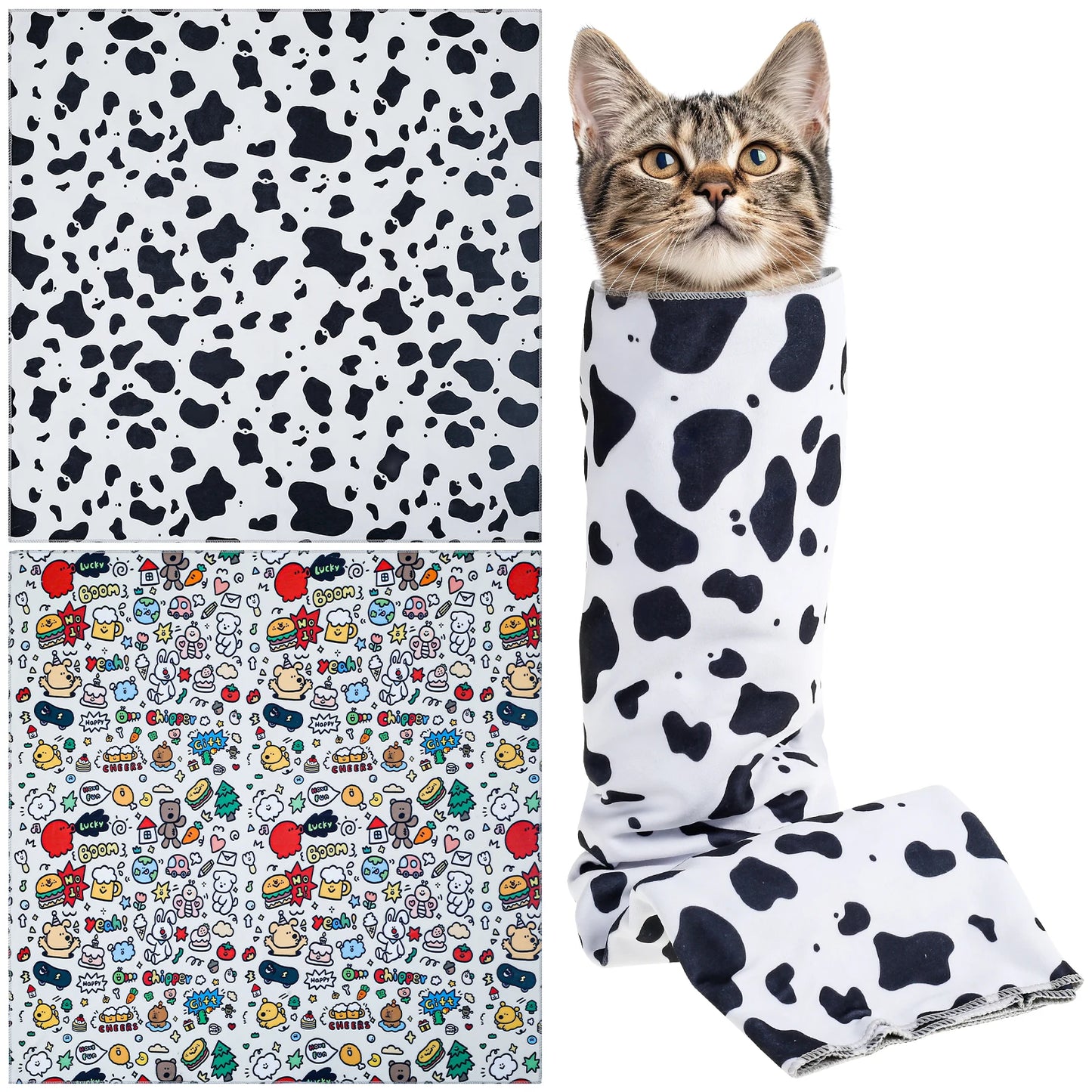 2Pcs Cat Restraint Wrap Nylon Self-Adherent Cat Grooming Wrap With Cartoon Print Anti Escape Anti Scratch Cat Nail Cutting Wrap