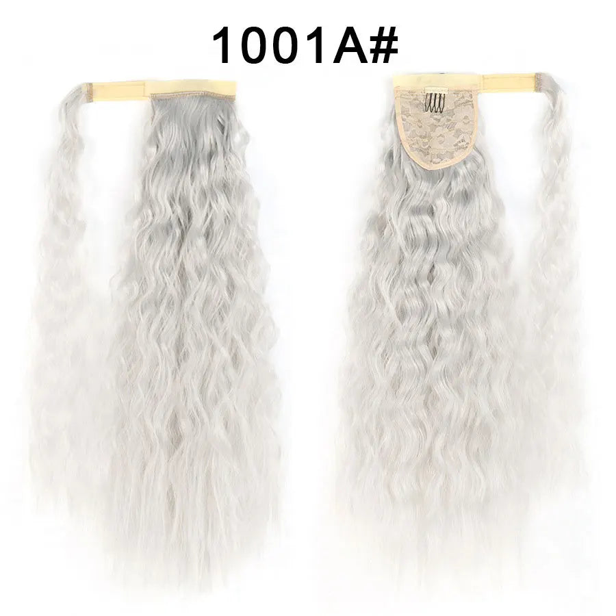 Synthetic Long Corn Wave Ponytail Extension Magic Paste Heat Resistant Wavy Wrap Around Ponytail Black Hairpiece for Women