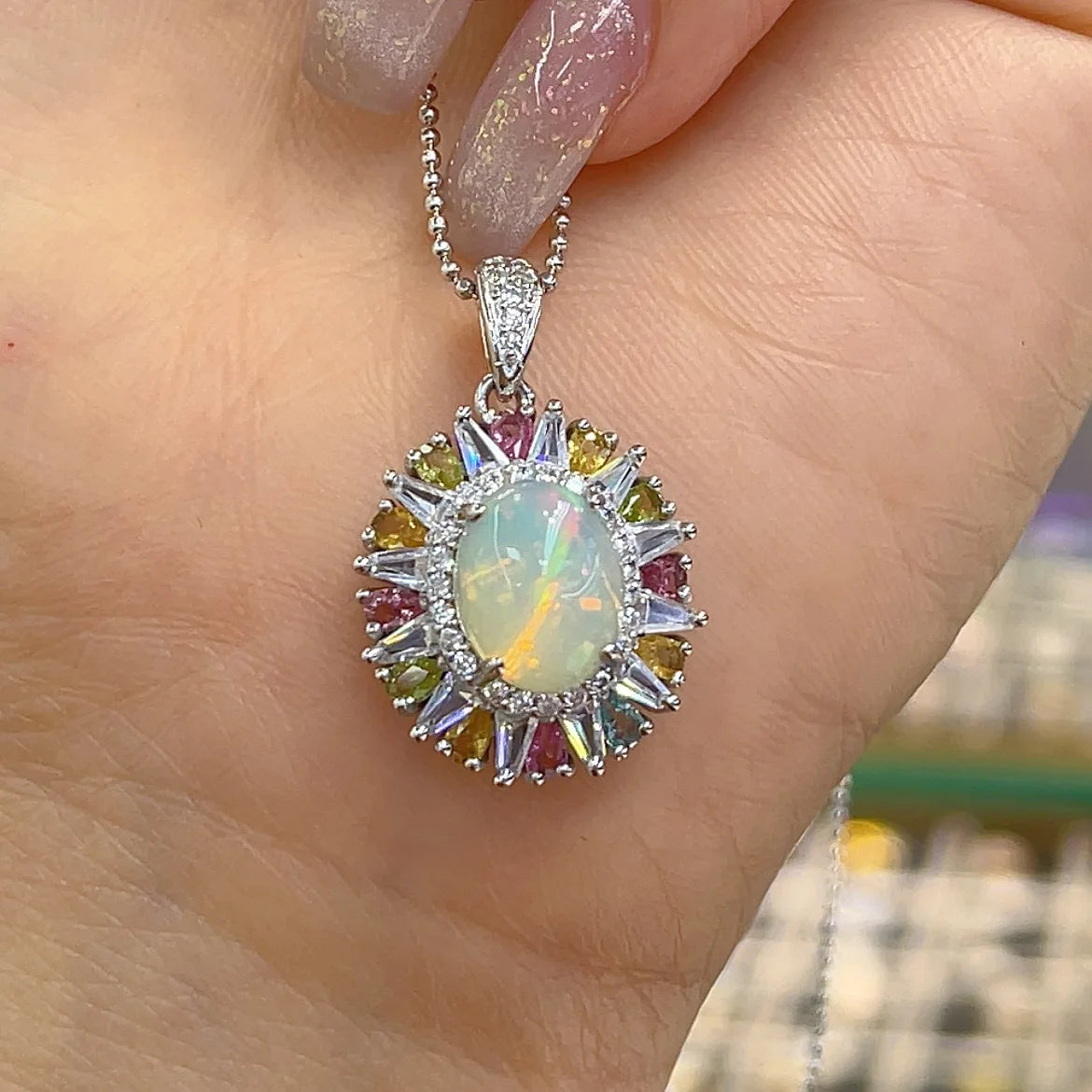 SACE GEMS S925 Sterling Silver Certified 8*10MM Natual Opal Pendant Necklaces for Womne Engagement Cocktail Party Fine Jewelry