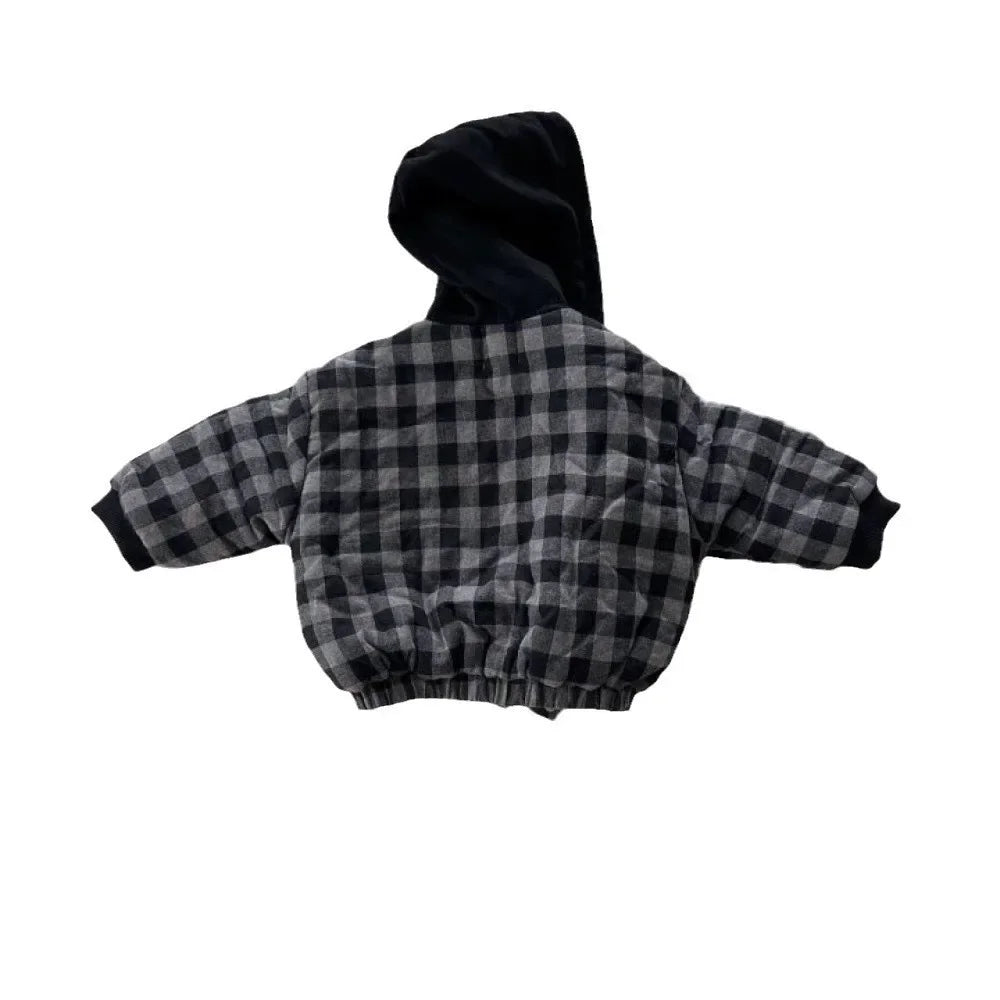 2025 Winter New Baby Warm Plaid Coat Kids Boys Girls Hooded Cotton Padded Jacket Kids Vintage Windproof Tops Children Clothes