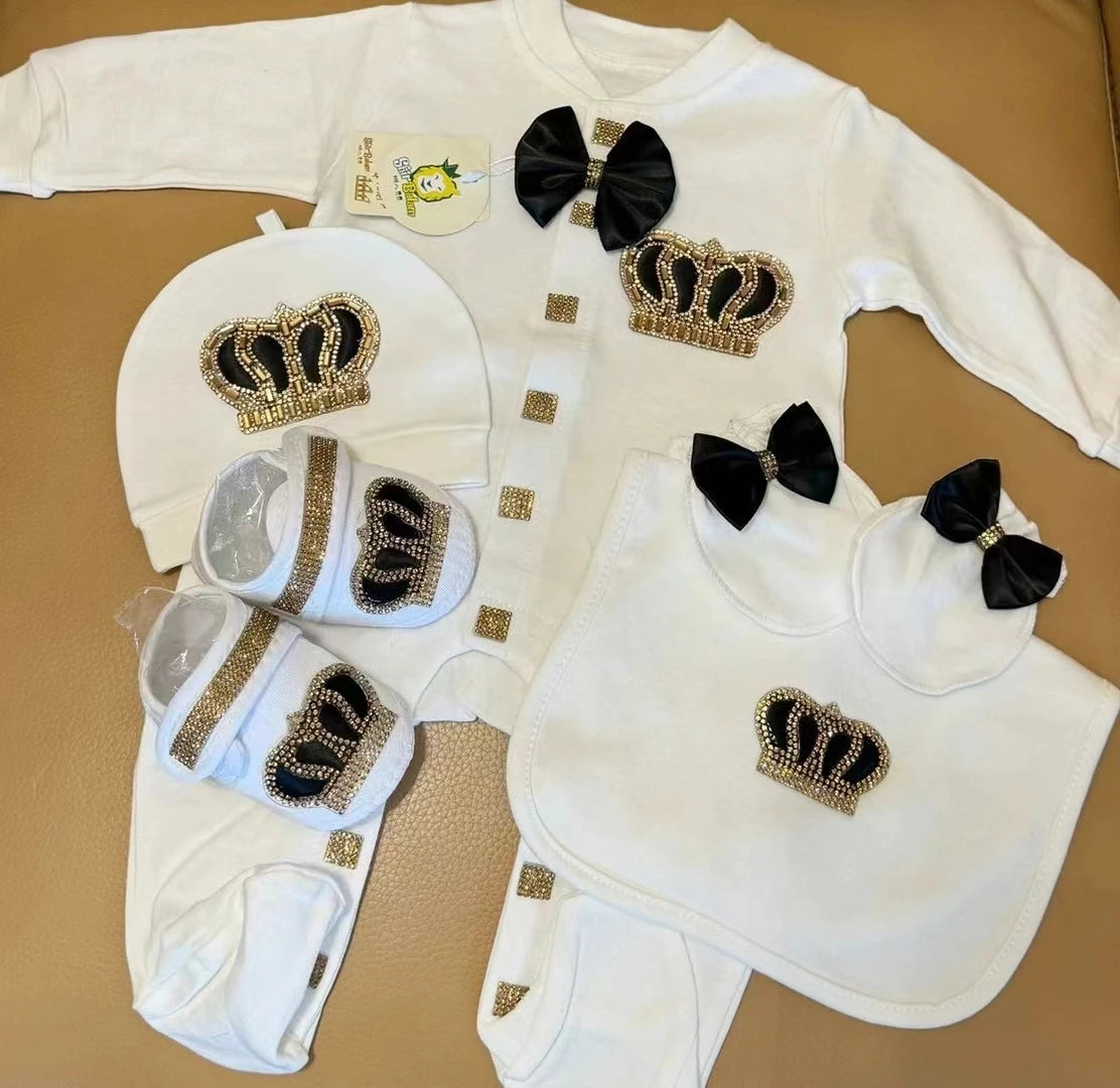 Dollbling Baptism Outfit Boy Prince Luxury Bling Christening Coming Home Romper Bonnet Set Mittens Nursery Hospital Clothing set