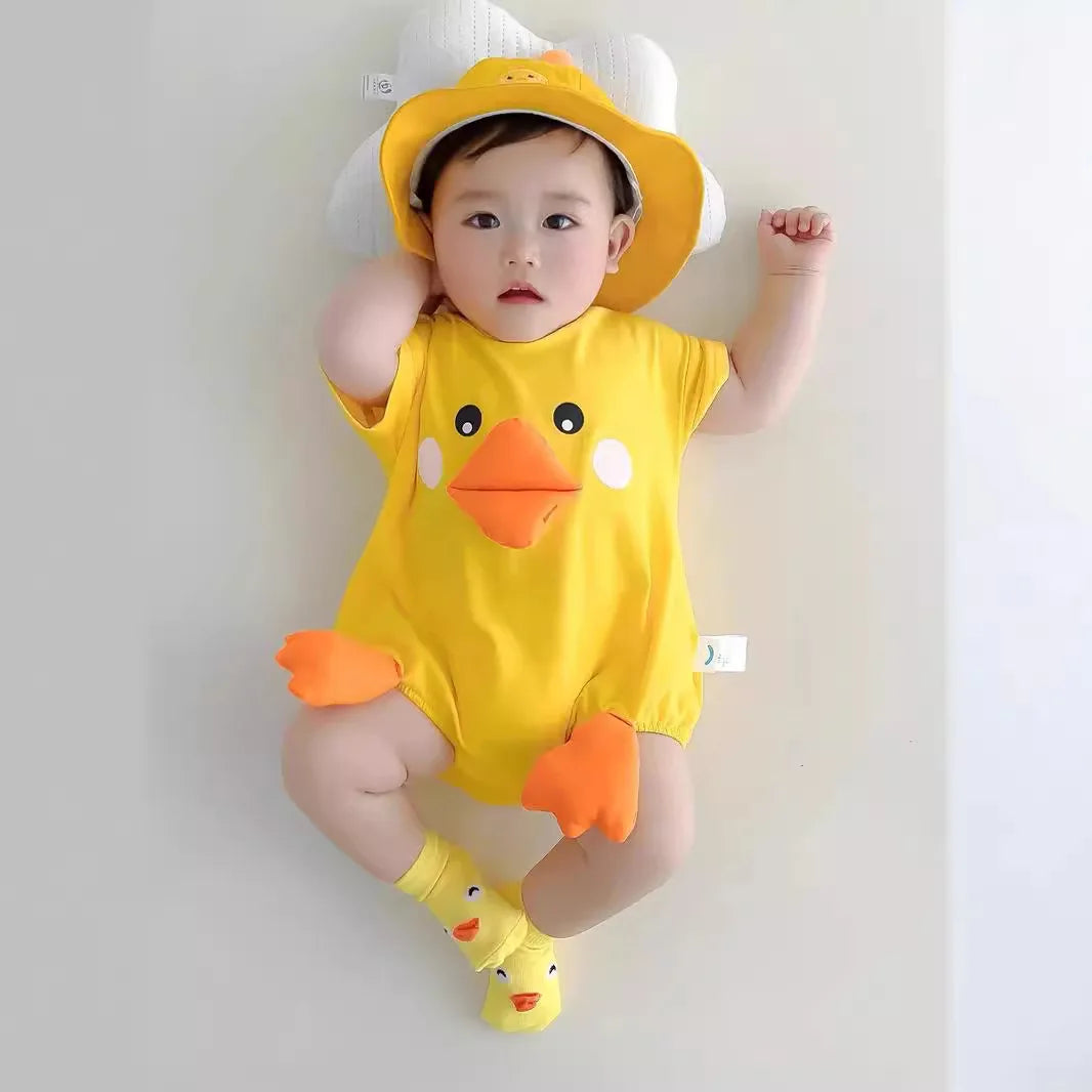 Infant Baby Clothes Adorable 3D Duck Girl Boy Romper Summer Lightweight 100% Cotton Jumpsuit w/ Hat & Socks Role Play Costume