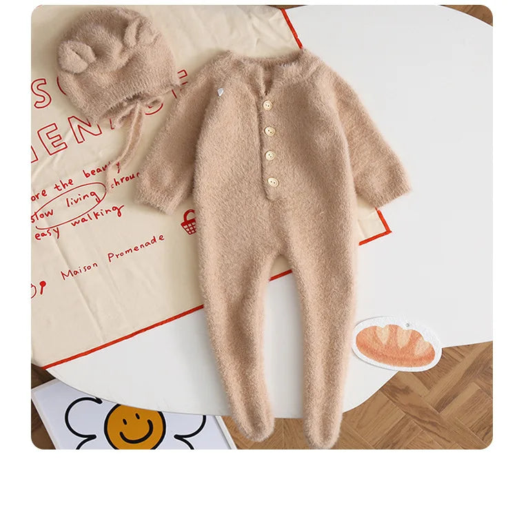 HoneyCherry Baby Solid Color Footies Cute Footed Hoodie Plush Pajamas Homewear Baby Clothes