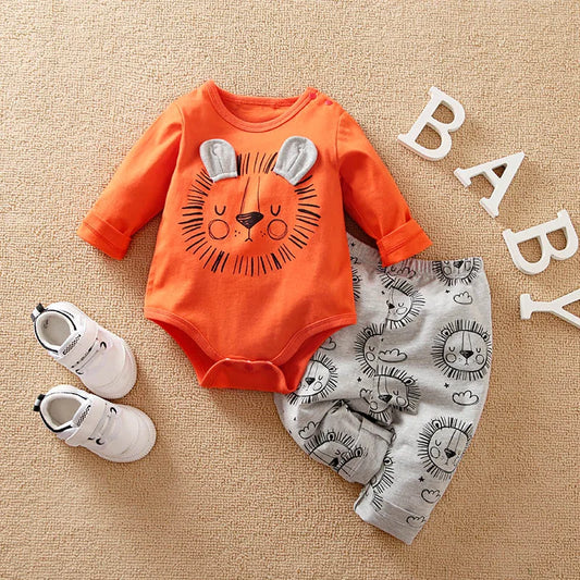 0-18 Months Baby Pure Cotton Set Long Sleeved Clothes And Pants Spring And Autumn Clothing Cute Lion Print Clothes For Babies