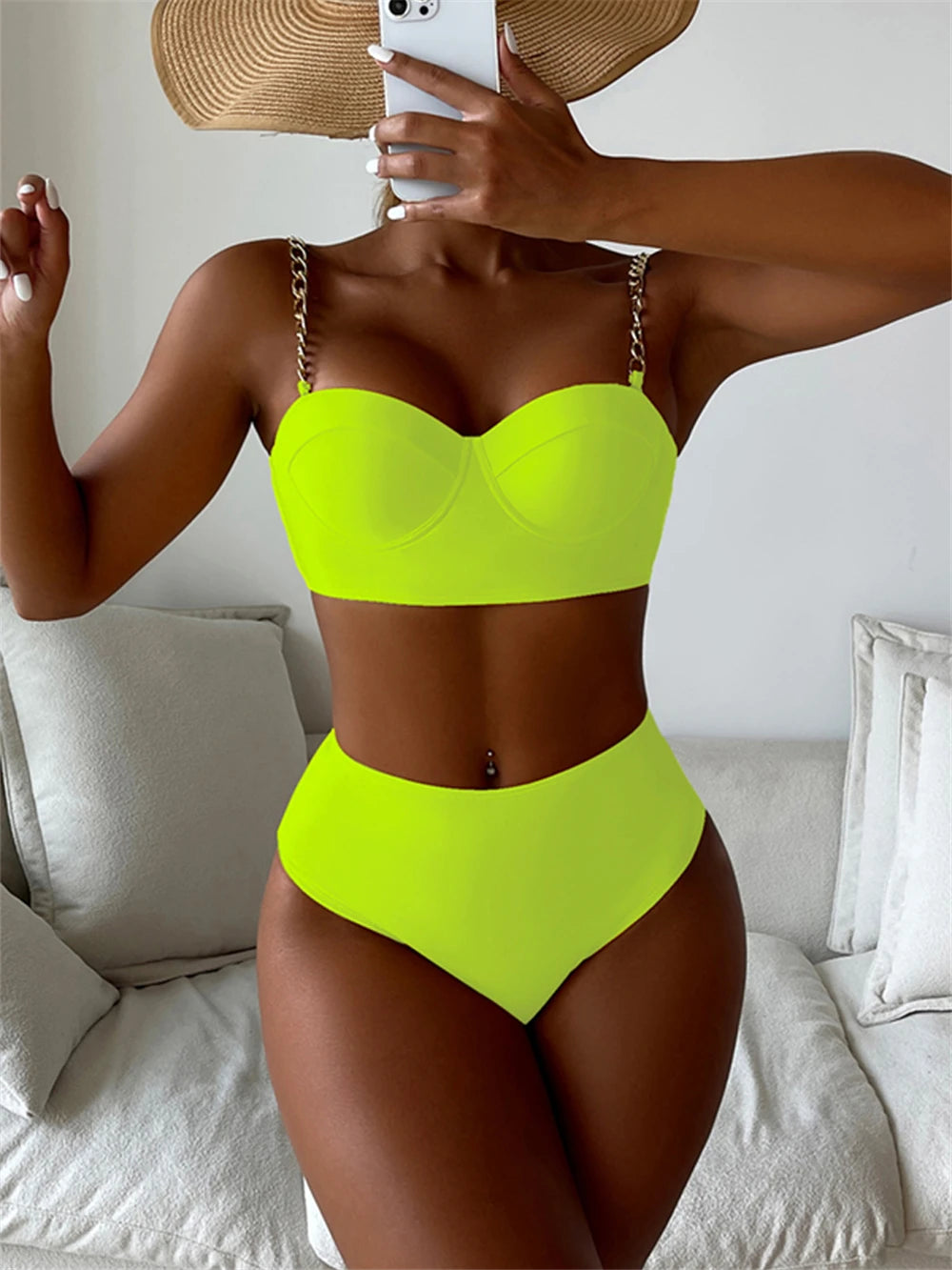 Chain Strap Bikinis 2026 Women Solid Push Up Swimsuit High Waist Swimwear Female Sexy Bathing Suit Swimming Summer Beachwear