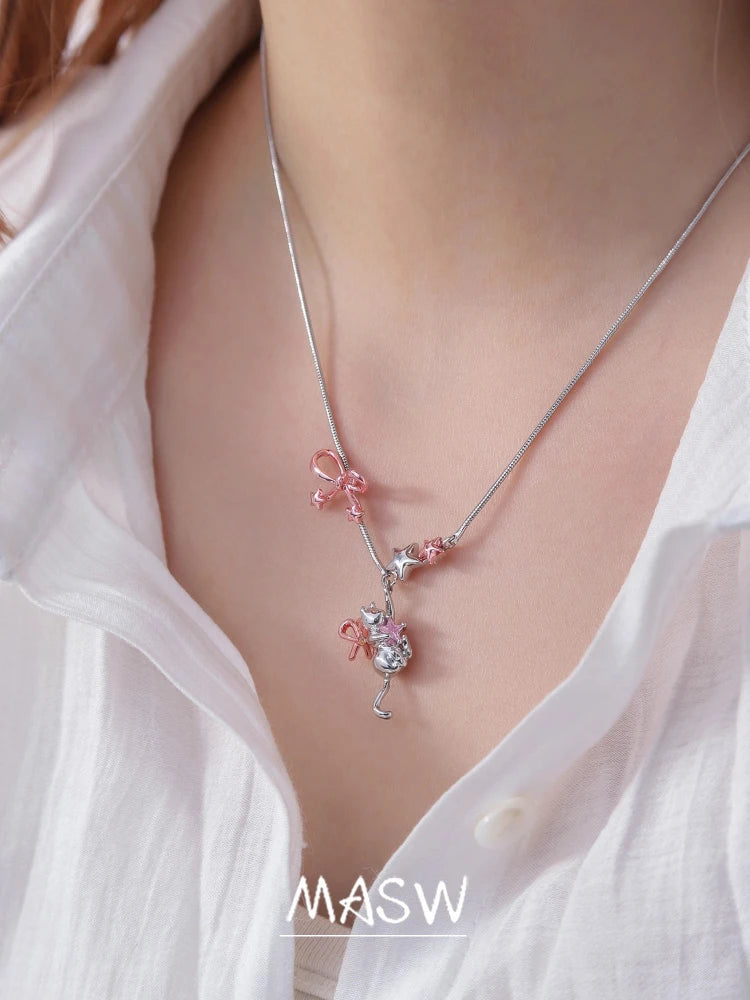 MASW Original Design Luxury Temperament Pink Bowknot Cats Pendant Necklace For Women Party Gifts Fashion Jewelry Accessories