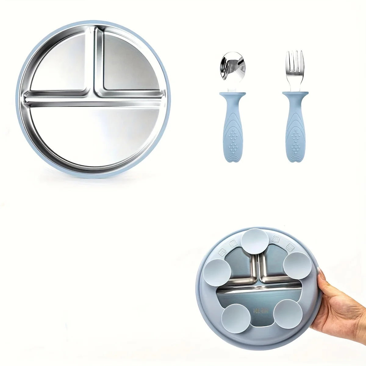 3-pack stainless steel cutlery tray, baby feeding tray, removable suction cup, BPA-free silicone baby training spoon