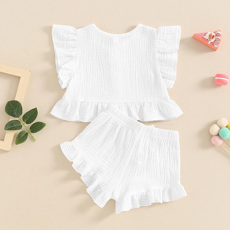 Pudcoco Little Girl 2 Piece Summer Set, Fly Sleeve Button Down Ruffled Tops Bow Elastic Waist Shorts Baby Toddler Set 6M-4T