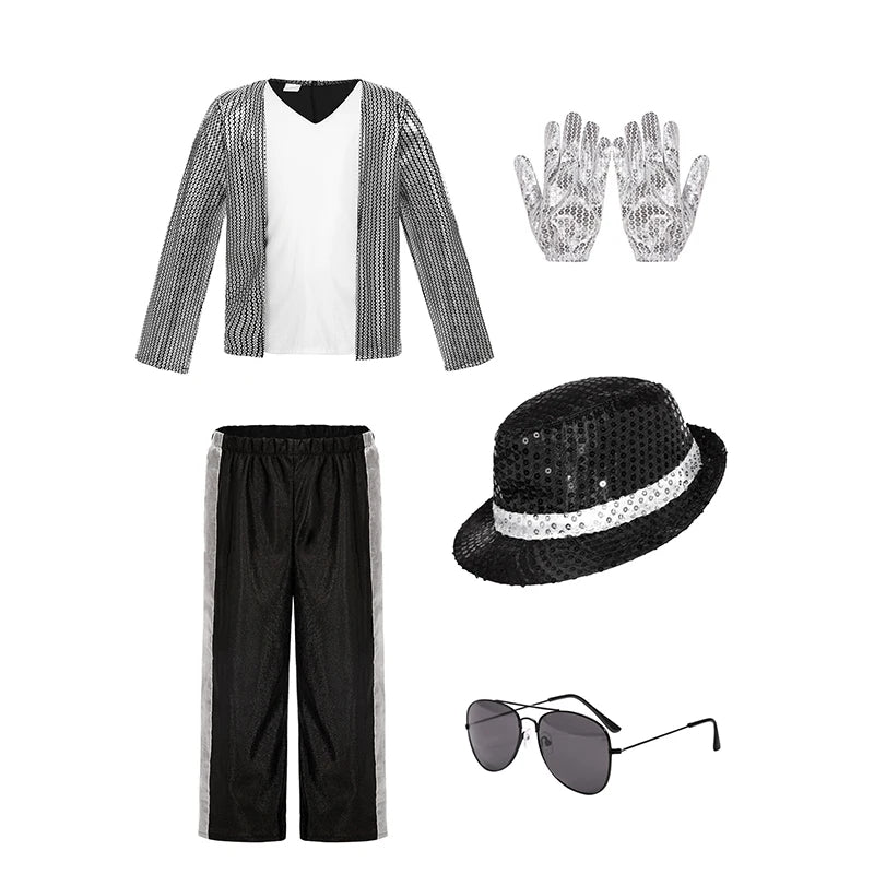 Kids Boys Michael Jackson Cosplay Costume With Accessories King Of Pop 80s Outfit Halloween Carnival Dance Fancy Dress Up