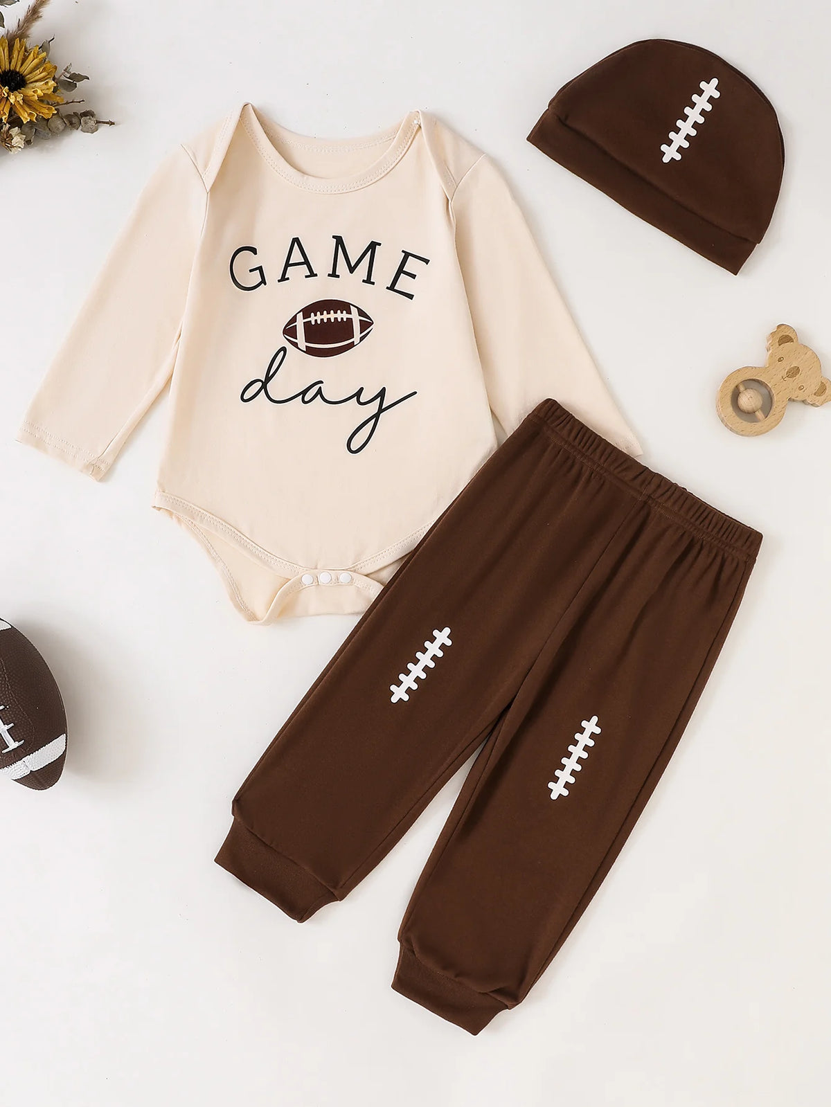 Autumn Winter Infant Boy 3Pcs Rugby Game Day Set Long Sleeve Bodysuit Jogger Pants Matching Hat Fit 0-18M