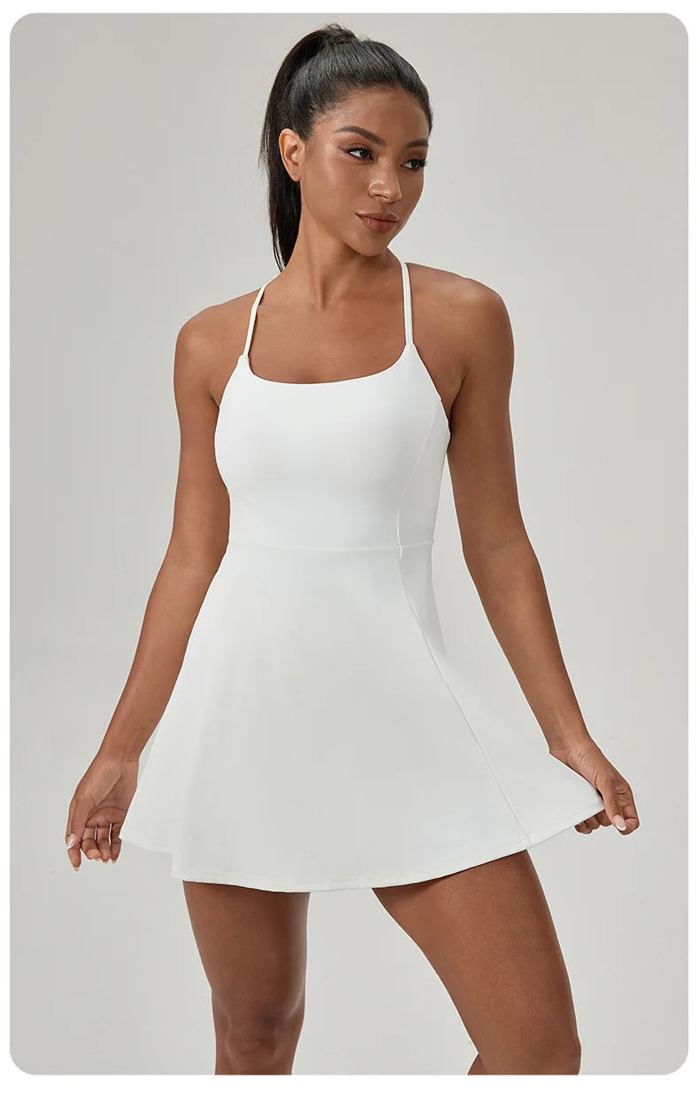 European and American summer fitness one-piece tennis skirt with chest pad women's quick-drying sports dress running skirt 52166