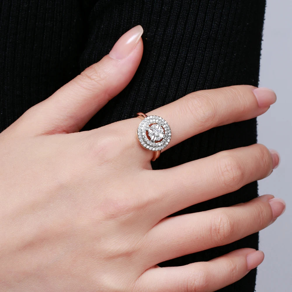 Round two-color design inlaid zircon earrings and rings set fashion jewelry holiday party banquet exquisite gift three-piece set