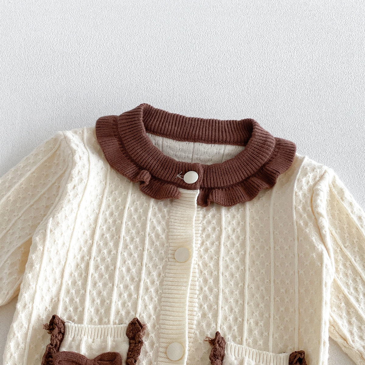 2026 Fall/Winter New Collection Girls' Set, Infant Bow Ruffled Trim Solid Color Knit Top and Pants