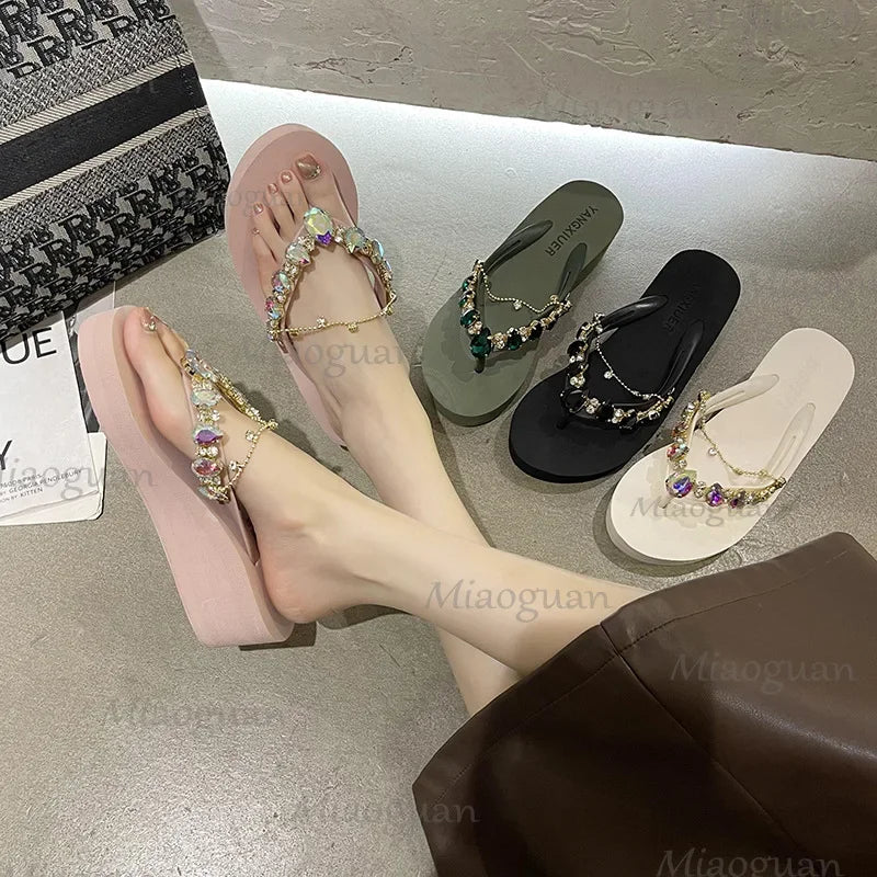 Rhinestone Chain Summer Flip Flops Sandals Women Comfortable Beach Shoes Non-slip Soft Bottom Casual 5cm Heels Wedges Slippers