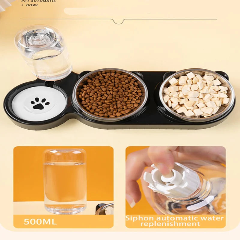 Cat Bowl Slanted Mouth Dog Bowl Cat Rice Bowl Double Bowl Stainless Steel Automatic Refilling Pet Bowl Three In One Drinking Fee