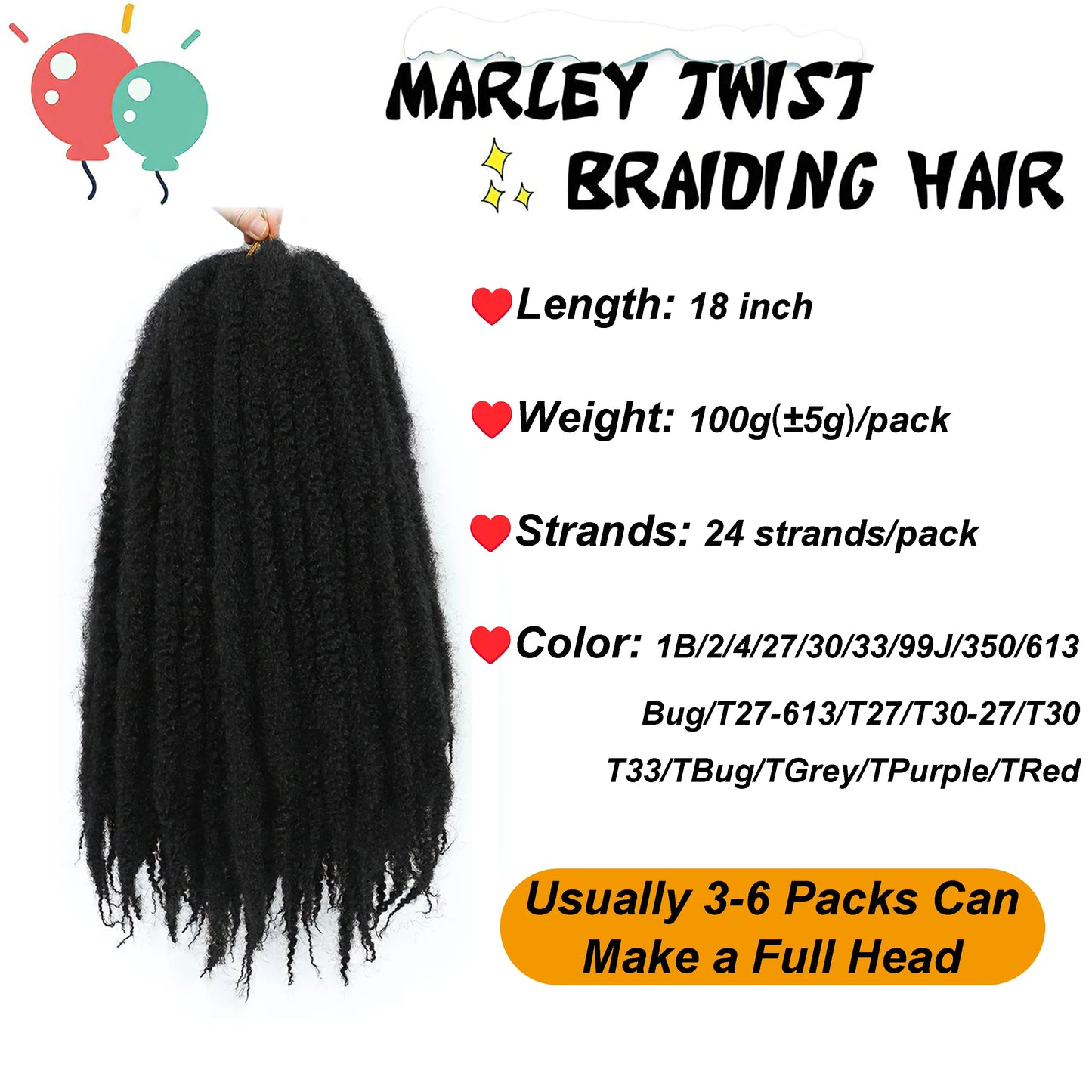 Marley Twist Braiding Hair Pre Stretched Ombre/Solid Colors Afro Kinky Curly Crochet Hair for Faux Locs Jumbo Marley Twists Hair