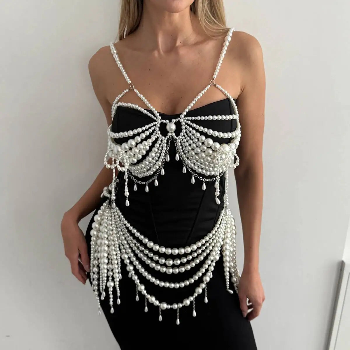 SHIXIN Elegant Multi-layer Imitation Pearl Body Chain for Women Luxury Strap Bralette Chest Chain Waist Chains Wedding Jewelry