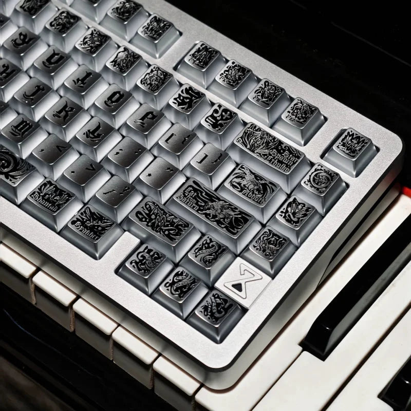 Cthulhu PBT Keycaps Set,130 Keys Custom Black Silver Metallic Silver Finish Cherry Profile Keycap For MX Mechanical Keyboard