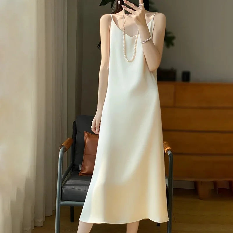 Silk V-neck Slim-fit Satin Dress Sexy Strap Long Gown for Women New 2025 Spring Summer Inner Wear Dress Elegant Lady Dress
