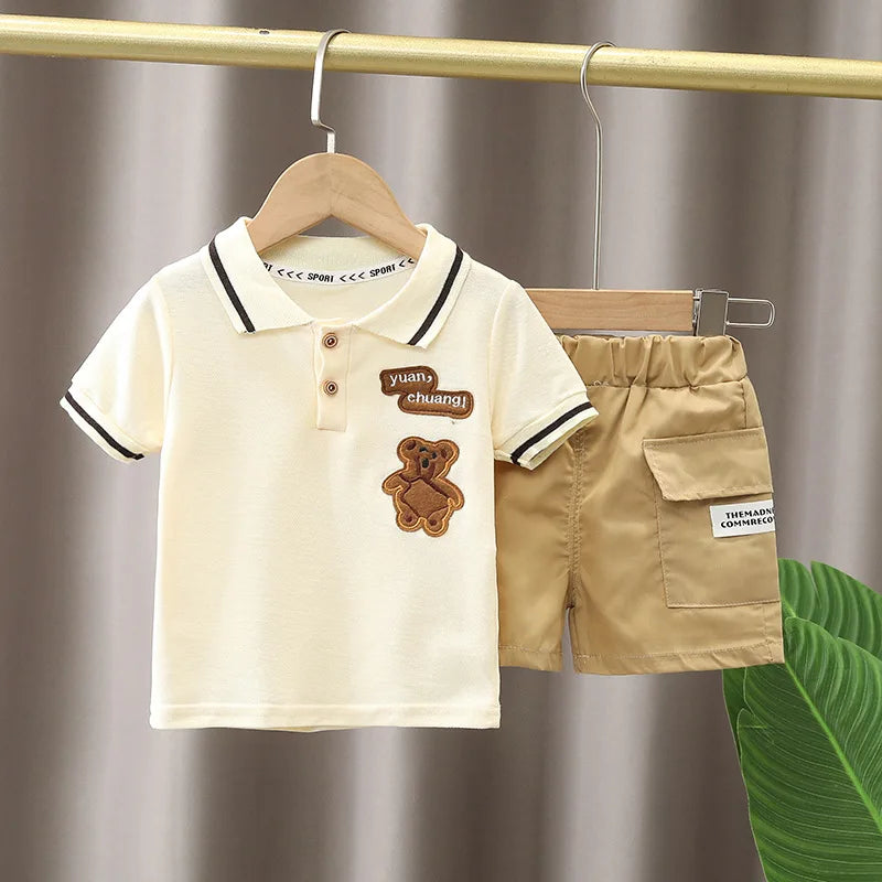 Summer Toddler Baby Clothes Children Boys Cotton Bear Short Sleeve T-Shirt+Shorts 2pcs Set Kids Fashion Sports Costume 1-6 Years