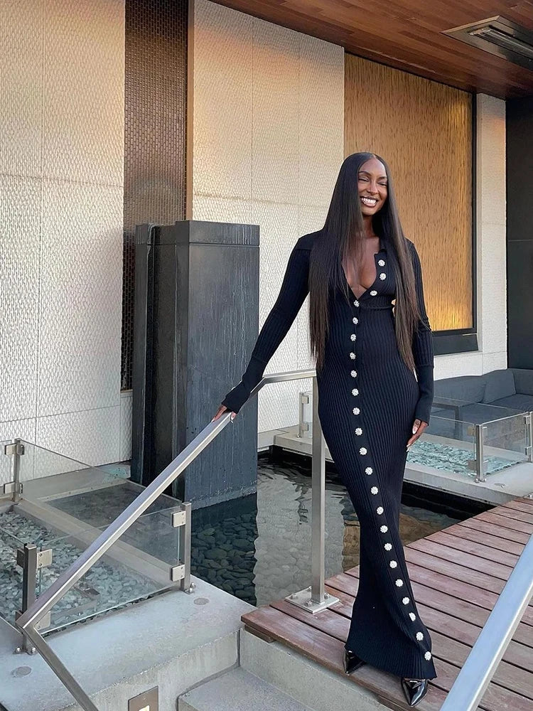 Sexy Knitted Fur Long Party Dress Women Solid Patchwork Full Sleeve V-neck Single Breasted Slim Dresses 2025 Fashion Evening Rob