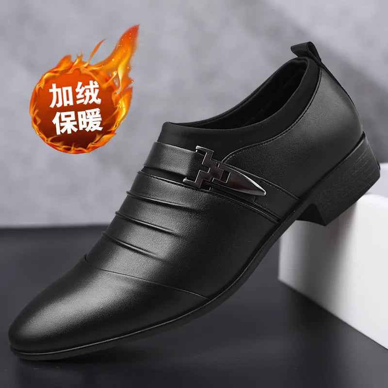 New Men's Slip-On Business Casual Shoes Large Size Fleece Lined Leather Shoes Wear Resistant Rubber Outsole Low Cut Ankle High