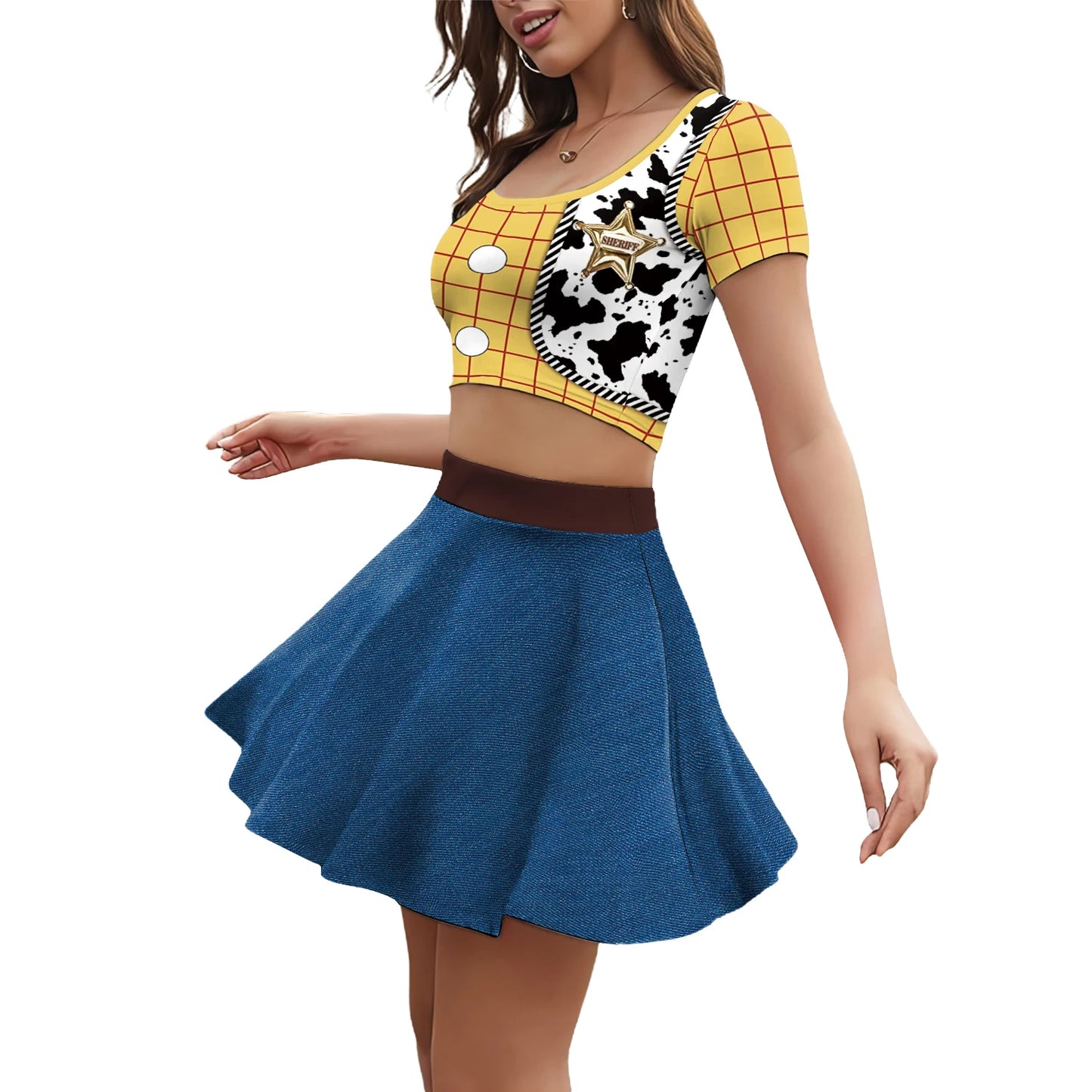 Halloween Woody Cosplay Costume For Women Movie Character Print Skirt Set Summer Short Sleeve Crop Top Party Performance Outfits