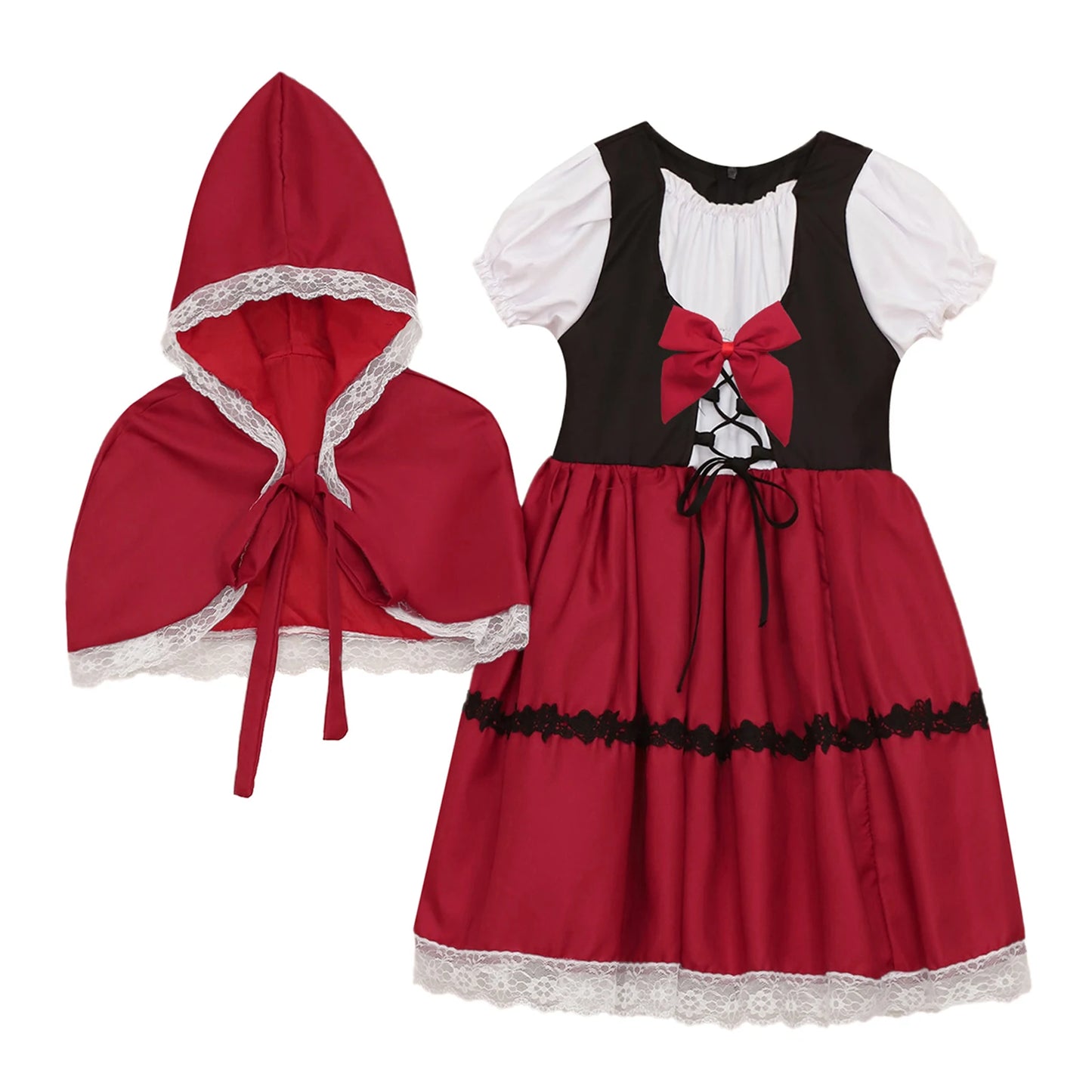 Kids Girls Halloween Cosplay Costume Puff Sleeve Lace Trim Red Hood Dress with Hooded Cape for Themed Party Roleplay Dress Up