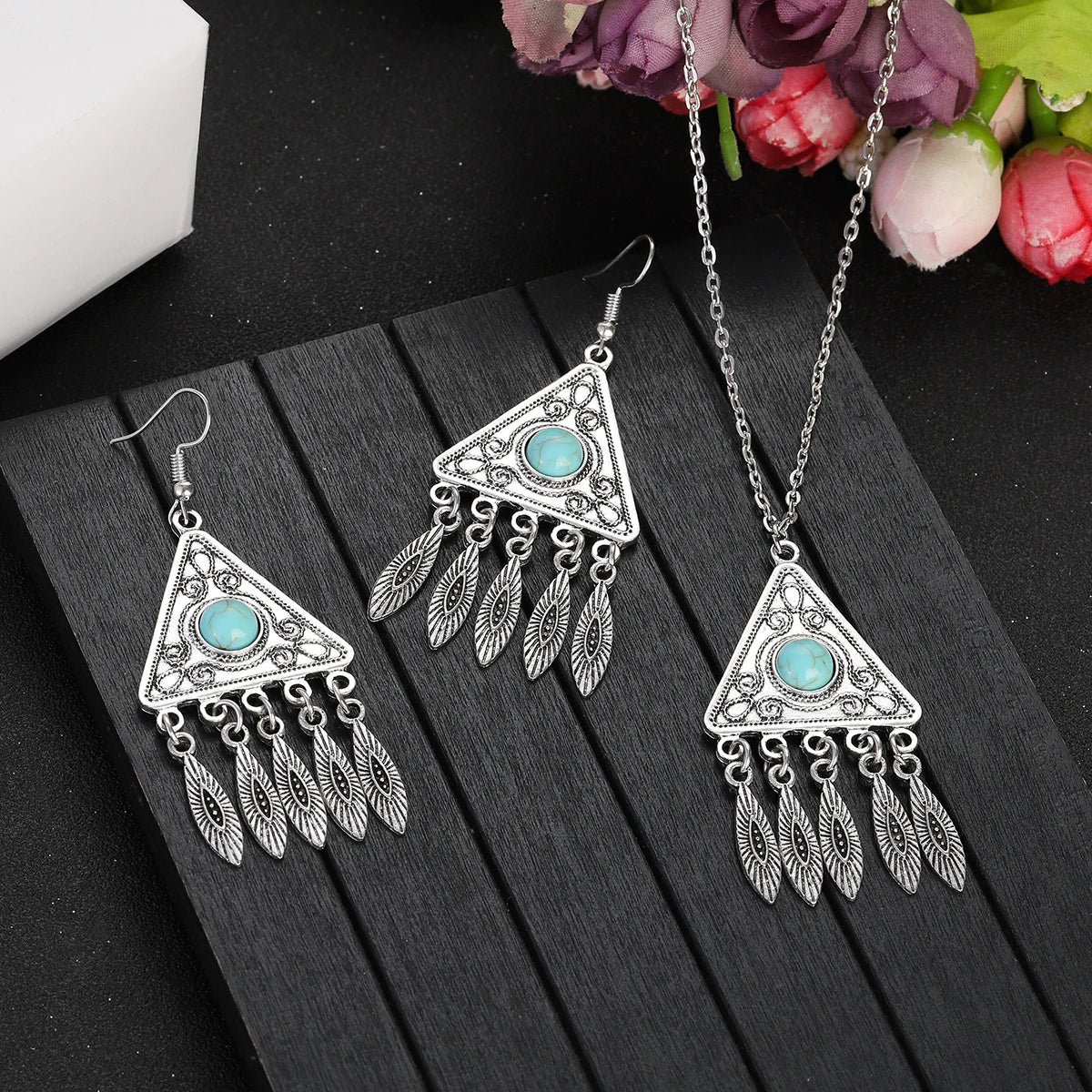 2023 Indian Jewelry Set Ethnic Silver Plated Geometric Carved Tassel Earring Necklace Women's Blue Turquoises Chain Jewelry